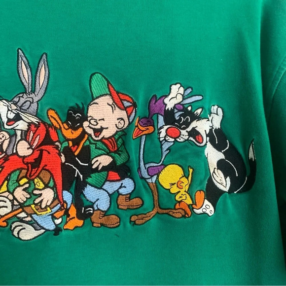 Vintage Looney Tunes Embroidered Large Mock Neck long sleeve shirt green - Picture 2 of 14